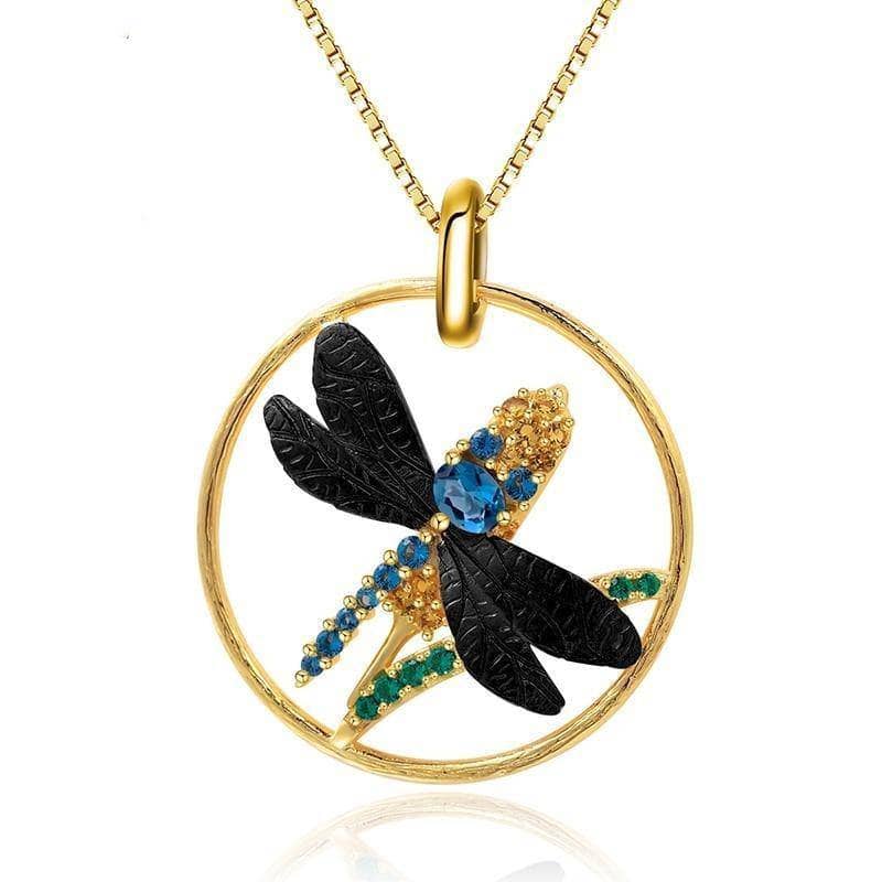 0.22Ct Natural London Blue Topaz Dragonfly Pendant Necklace-Black Diamonds New York