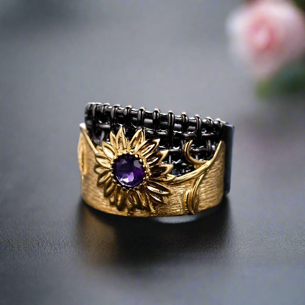 0.28Ct Natural Amethyst Gemstones Chrysanthemum Ring-Black Diamonds New York
