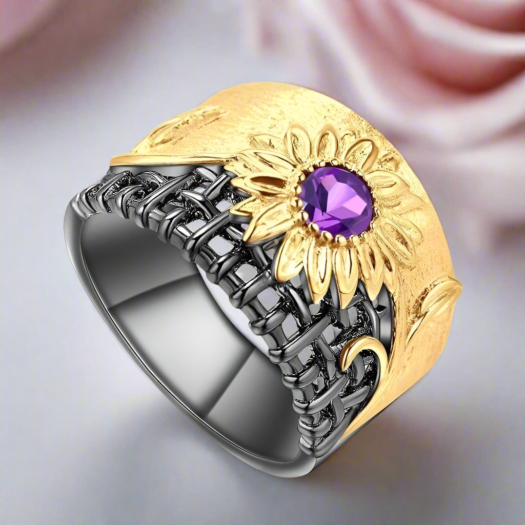 0.28Ct Natural Amethyst Gemstones Chrysanthemum Ring-Black Diamonds New York