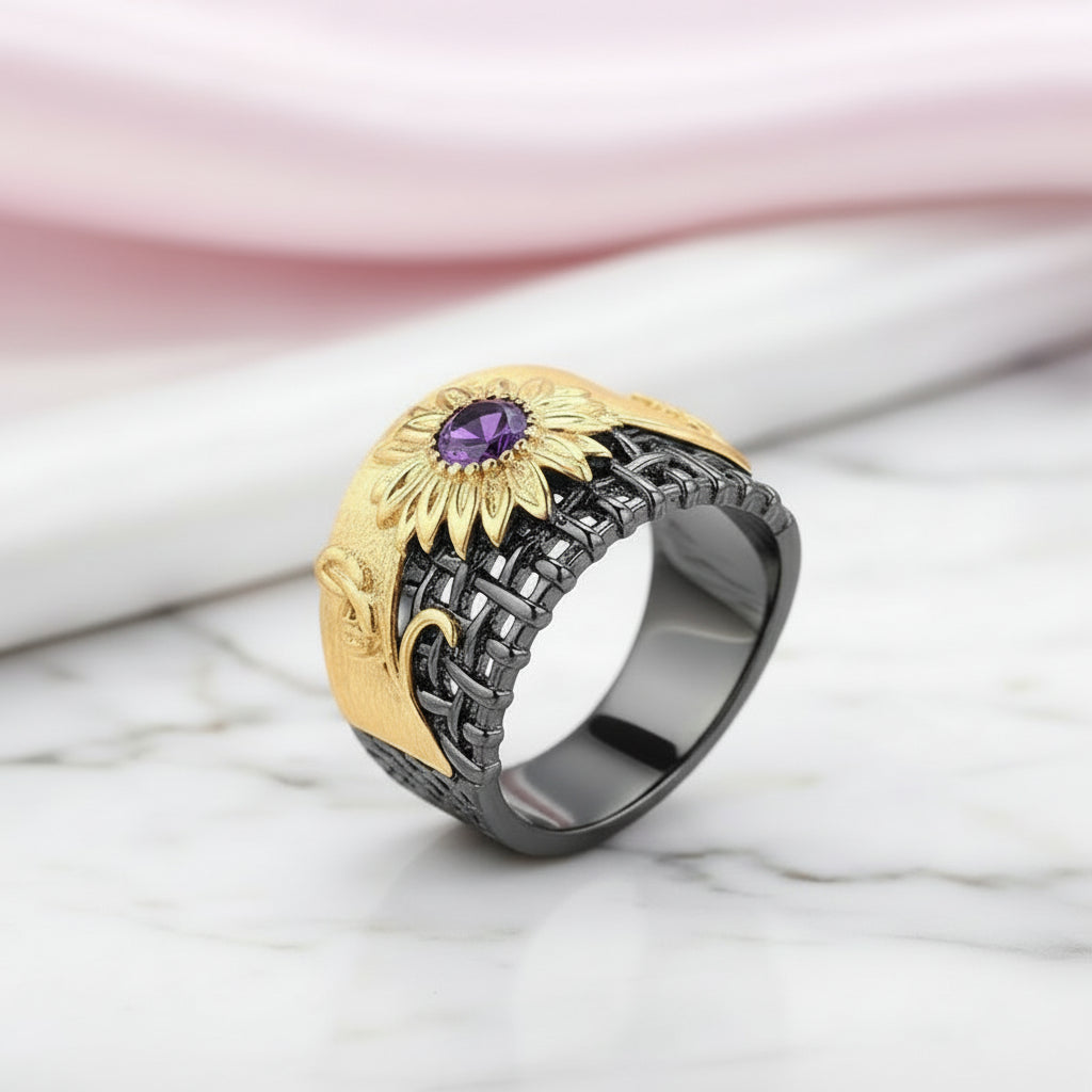 0.28Ct Amethyst Gemstones Chrysanthemum Ring-Black Diamonds New York