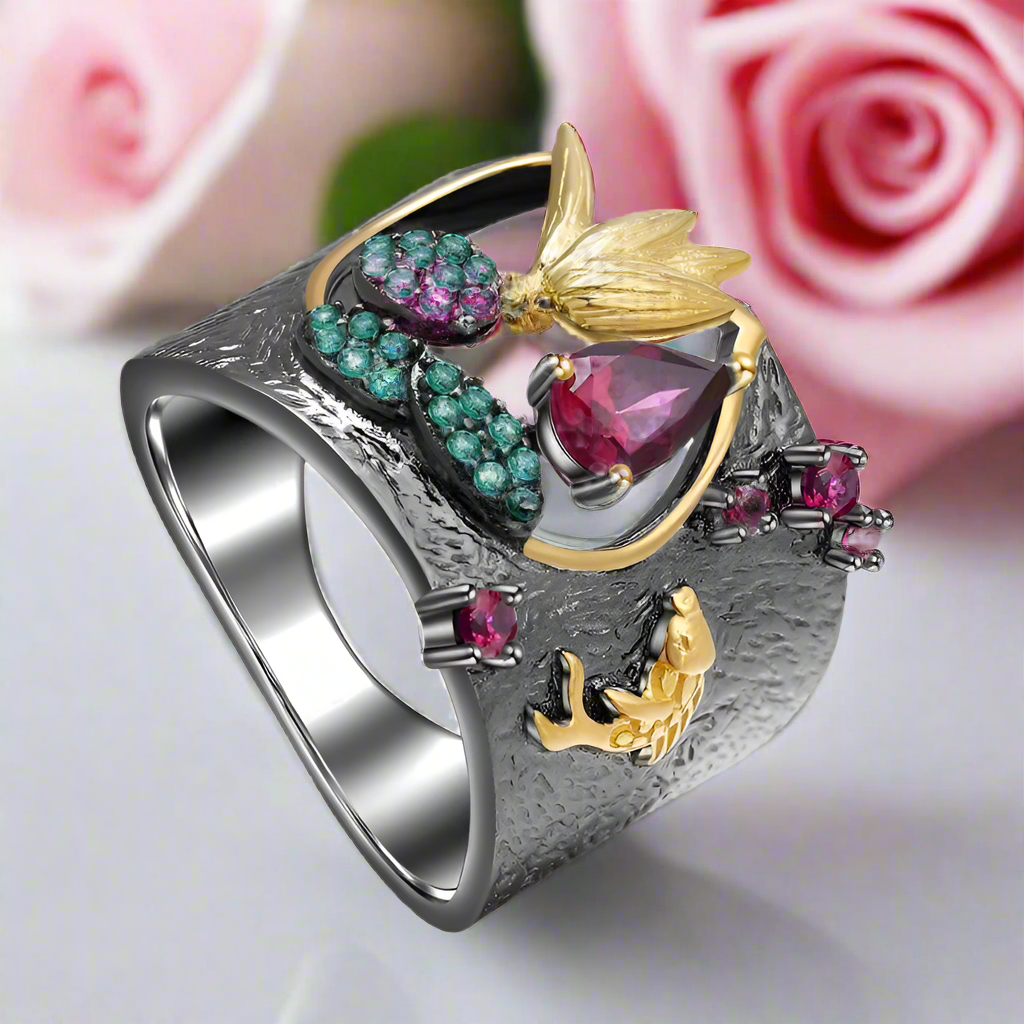 0.52Ct Natural Rhodolite Garnet Handmade Bird Rings-Black Diamonds New York