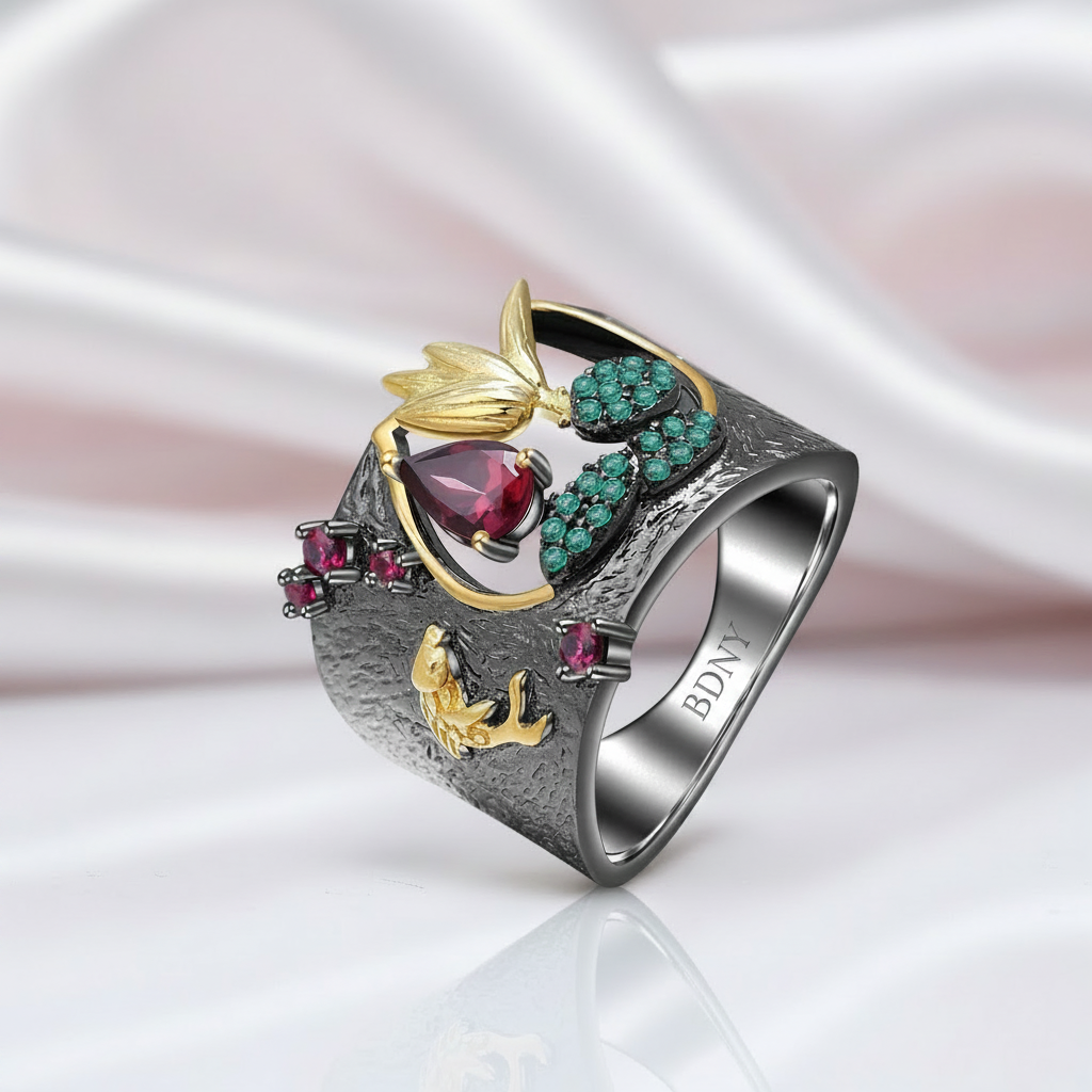 0.52Ct Rhodolite Garnet Handmade Bird Rings-Black Diamonds New York