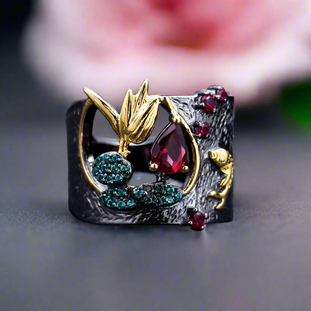0.52Ct Natural Rhodolite Garnet Handmade Bird Rings-Black Diamonds New York