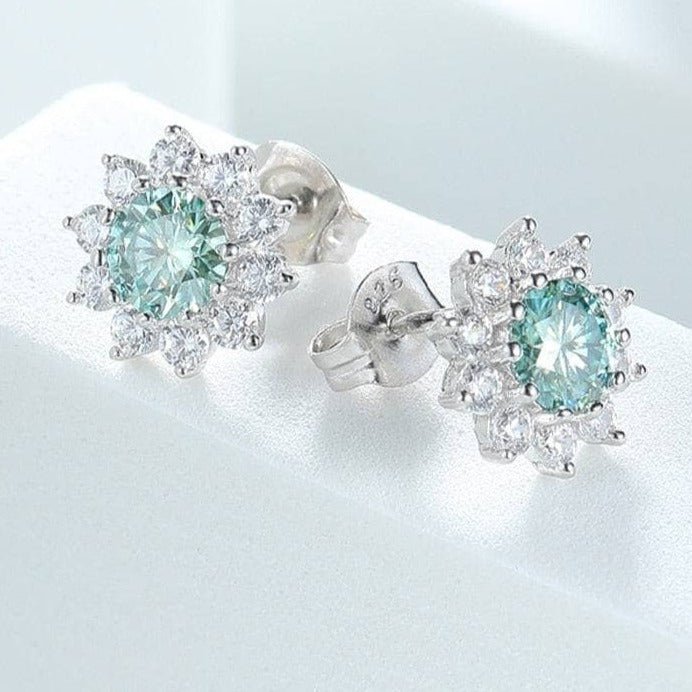 0.5CT 5MM Blue-Green Moissanite Sunflower Stud Earrings-Black Diamonds New York