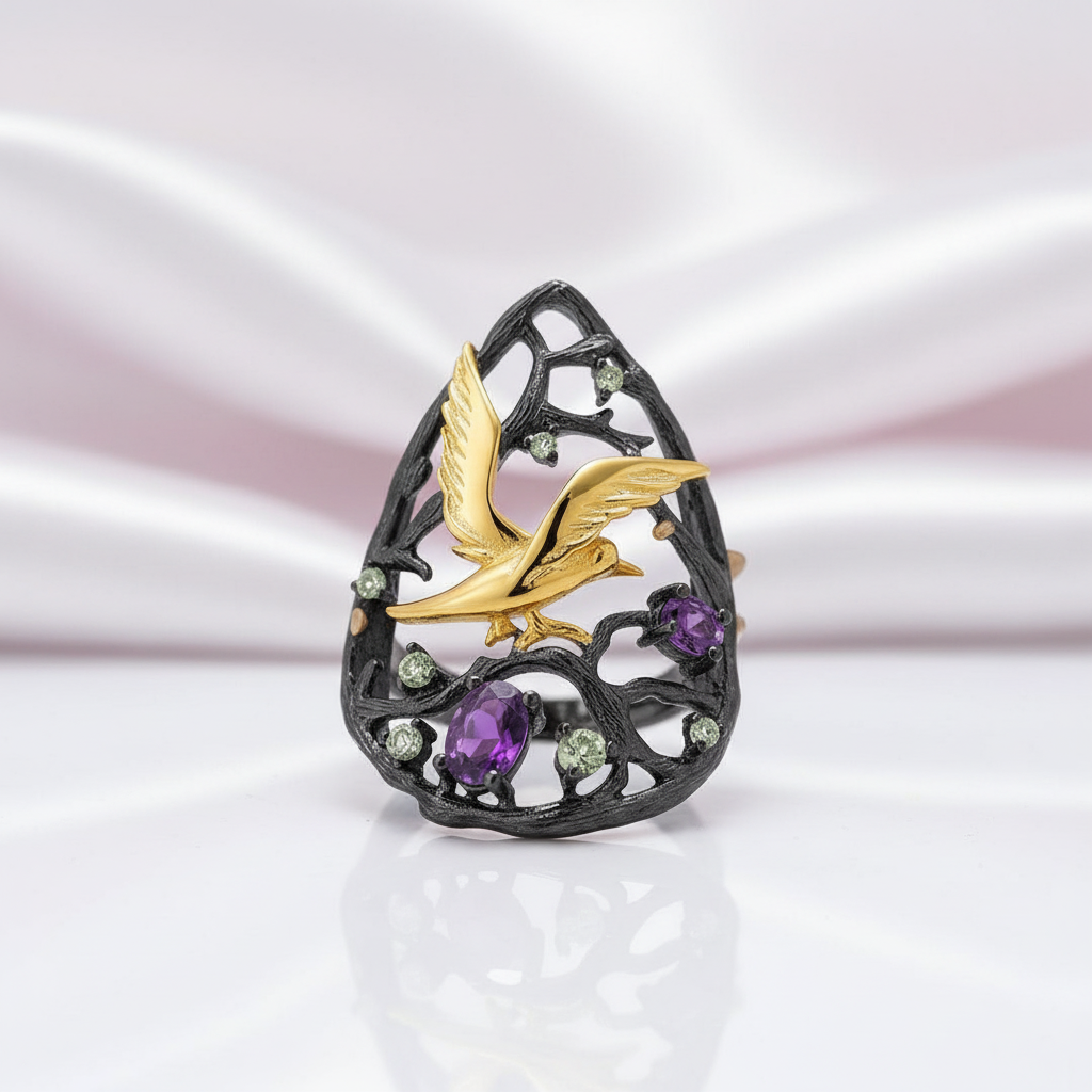 0.66Ct Amethyst Gemstone Bird On the Tree Ring-Black Diamonds New York