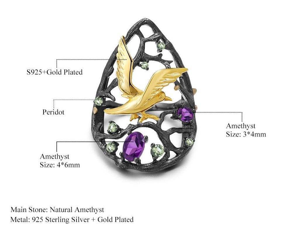 0.66Ct Natural Amethyst Gemstone Bird On the Tree Ring-Black Diamonds New York