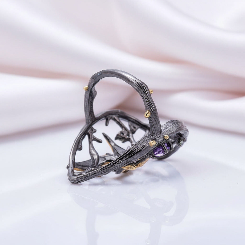 0.66Ct Amethyst Gemstone Bird On the Tree Ring-Black Diamonds New York
