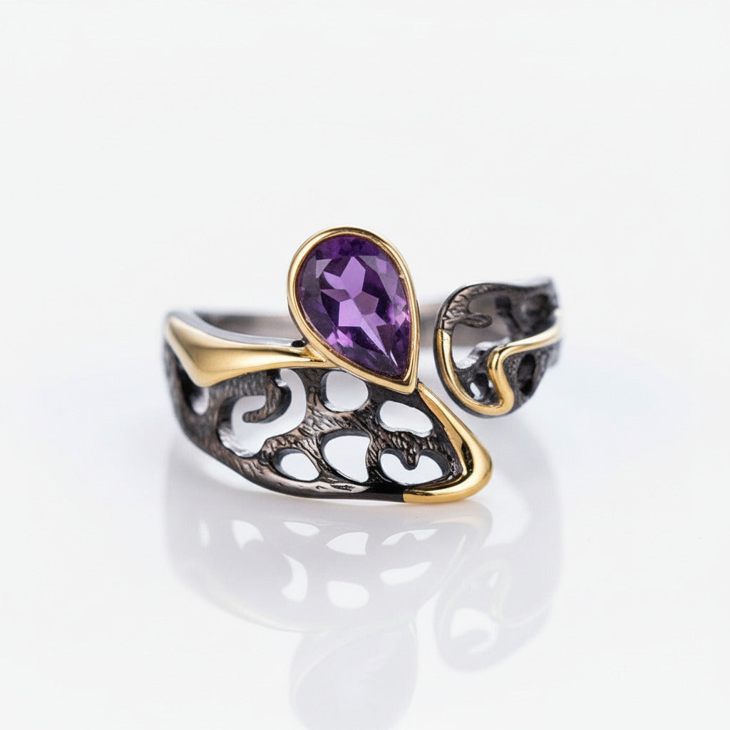 0.86Ct Amethyst Handmade Adjustable Ring-Black Diamonds New York
