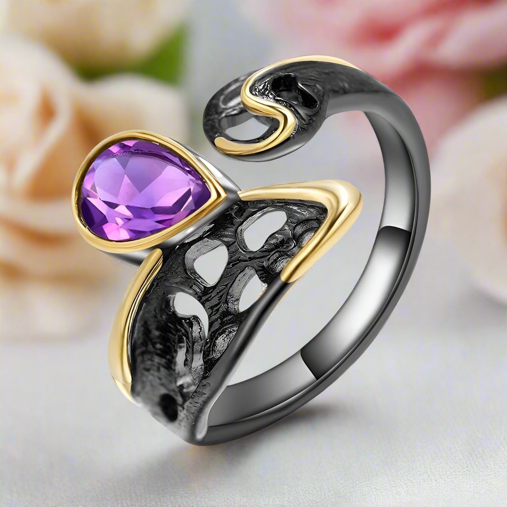 0.86Ct Natural Amethyst Handmade Adjustable Ring-Black Diamonds New York