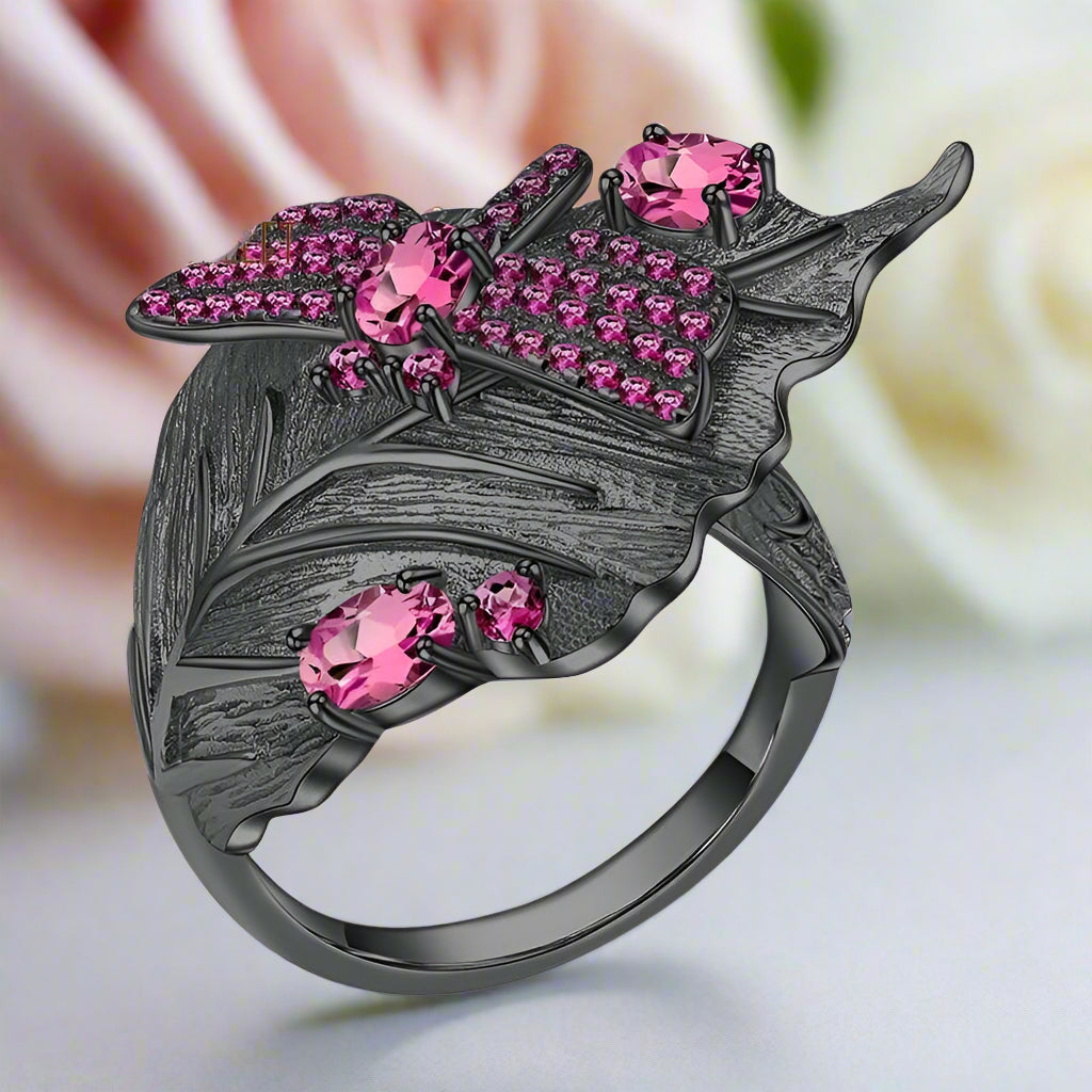 0.88Ct Natural Rhodolite Garnet Adjustable Ring-Black Diamonds New York