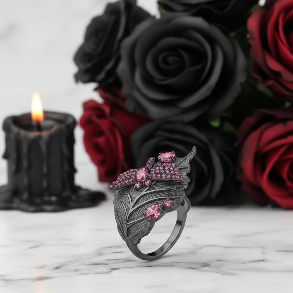 0.88Ct Rhodolite Garnet Adjustable Ring-Black Diamonds New York