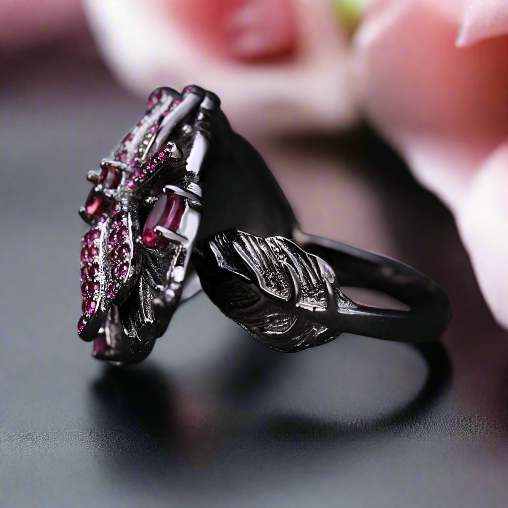 0.88Ct Natural Rhodolite Garnet Adjustable Ring-Black Diamonds New York