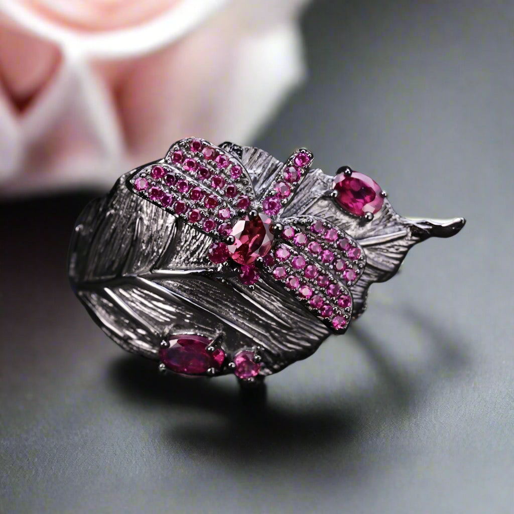 0.88Ct Natural Rhodolite Garnet Adjustable Ring-Black Diamonds New York