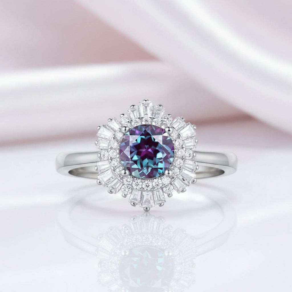 0.8CT Lab Alexandrite Gemstone Engagement Ring-Black Diamonds New York