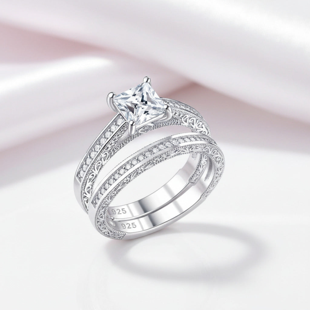 0.8 Ct Princess Cut Diamond Option Vintage Wedding Ring Set-Black Diamonds New York