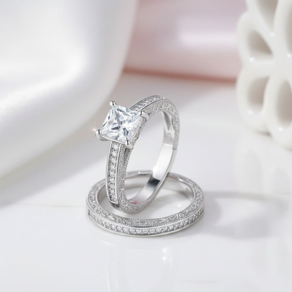 0.8 Ct Princess Cut Diamond Option Vintage Wedding Ring Set-Black Diamonds New York
