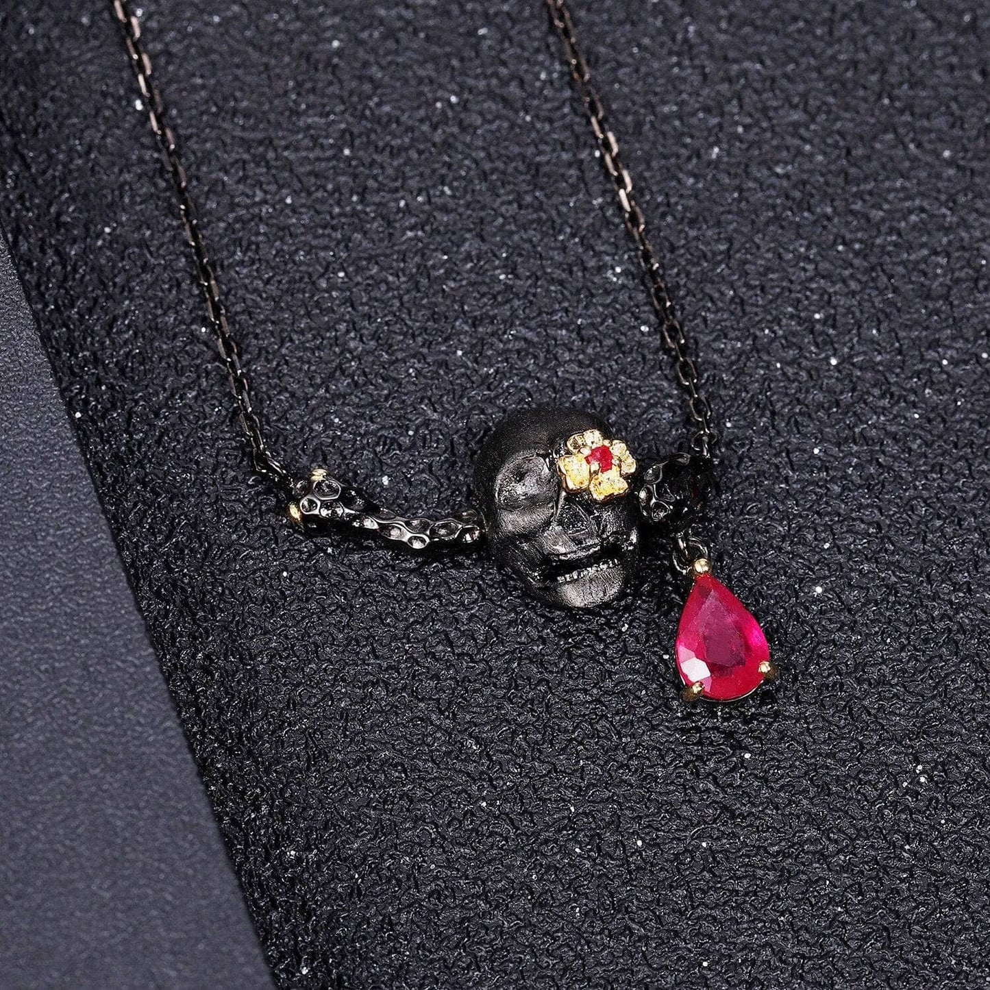 0.9 ct Natural Ruby Gemstone Death Skull Pendant Necklace - Black Diamonds New York