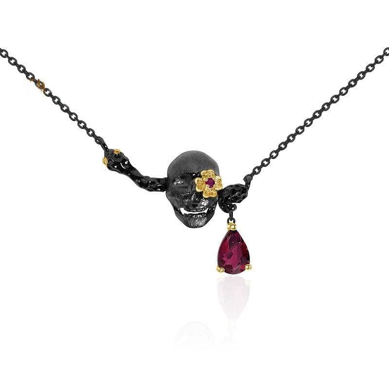 0.9 ct Natural Ruby Gemstone Death Skull Pendant Necklace-Black Diamonds New York