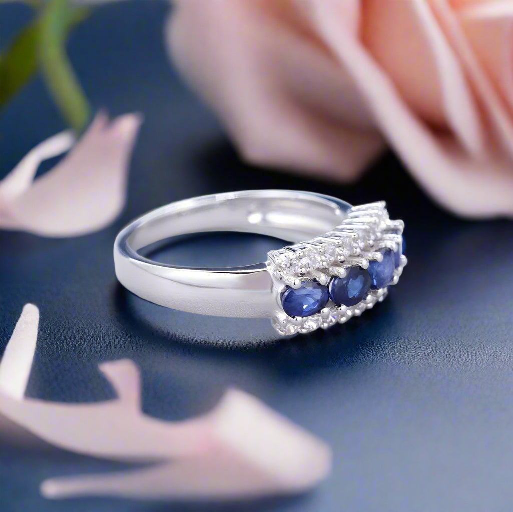 0.92Ct Natural Blue Sapphire Ring Band-Black Diamonds New York