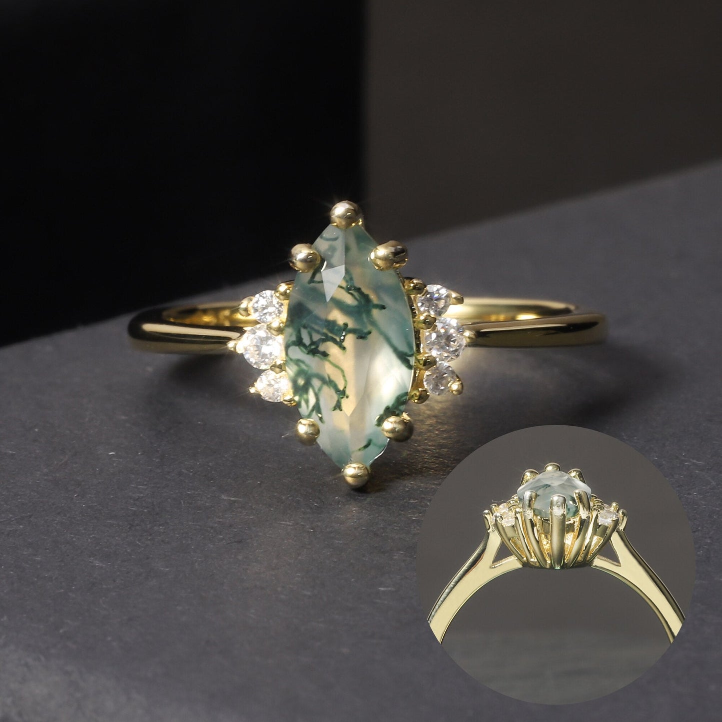 0.97 ctw Marquise Cut Art Deco Moss Agate Engagement Ring-Black Diamonds New York