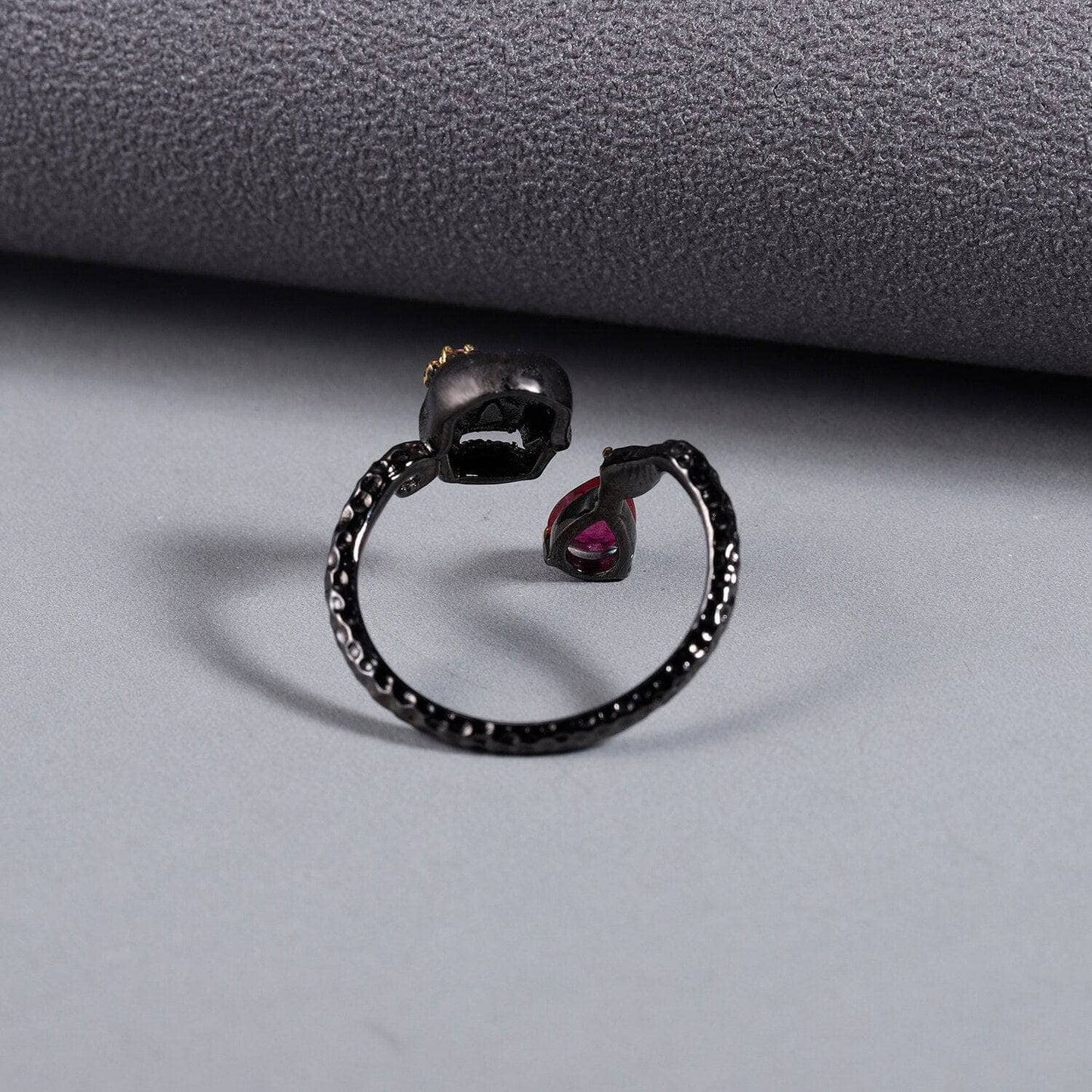 0.9Ct Natural Ruby Gemstone Adjustable Skull Ring - Black Diamonds New York