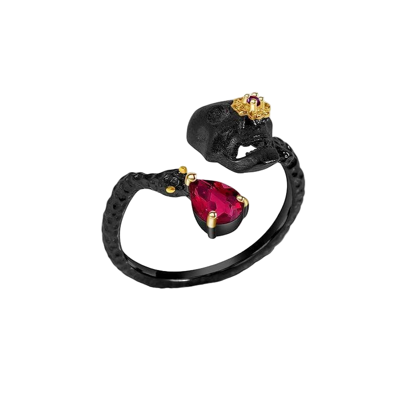 0.9Ct Natural Ruby Gemstone Adjustable Skull Ring-Black Diamonds New York