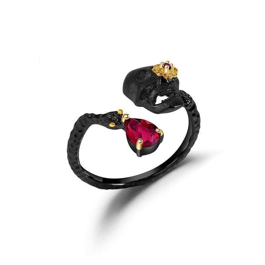 0.9Ct Natural Ruby Gemstone Adjustable Skull Ring-Black Diamonds New York