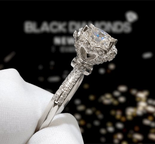 1 Carat 6.5mm Round D Color Moissanite 4 Prong Engagement Ring-Black Diamonds New York