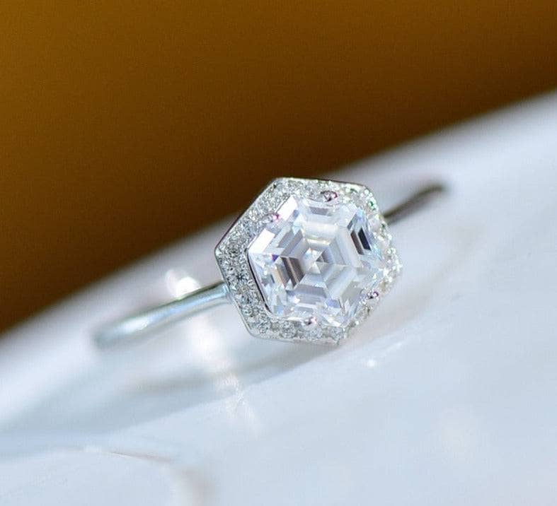 1 Carat Hexagon Cut Diamond Moissanite Engagement Ring - Black Diamonds New York