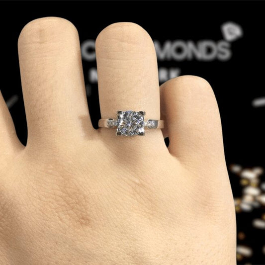 1 Carat Round Cut D Color Moissanite Engagement Ring-Black Diamonds New York