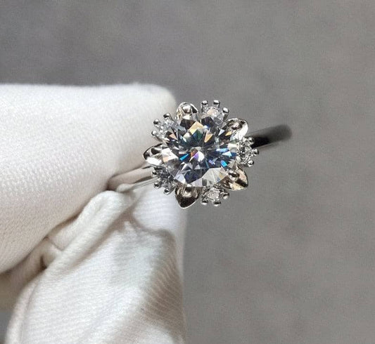 1 Carat Round Cut Moissanite Heart Claws Snowflake Engagement Ring-Black Diamonds New York