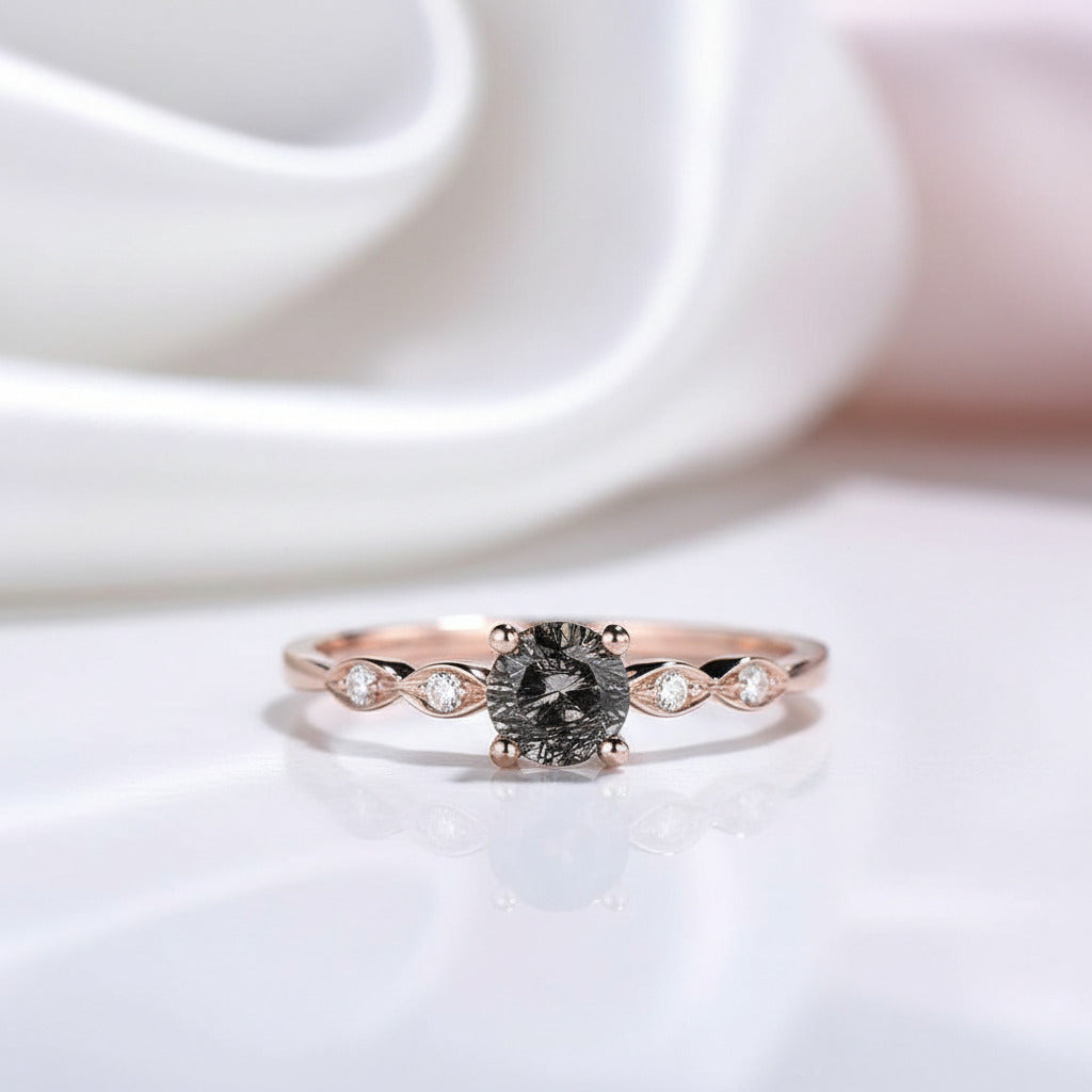 1.0 Carat Round Cut Black Rutilated Quartz Promise Ring-Black Diamonds New York