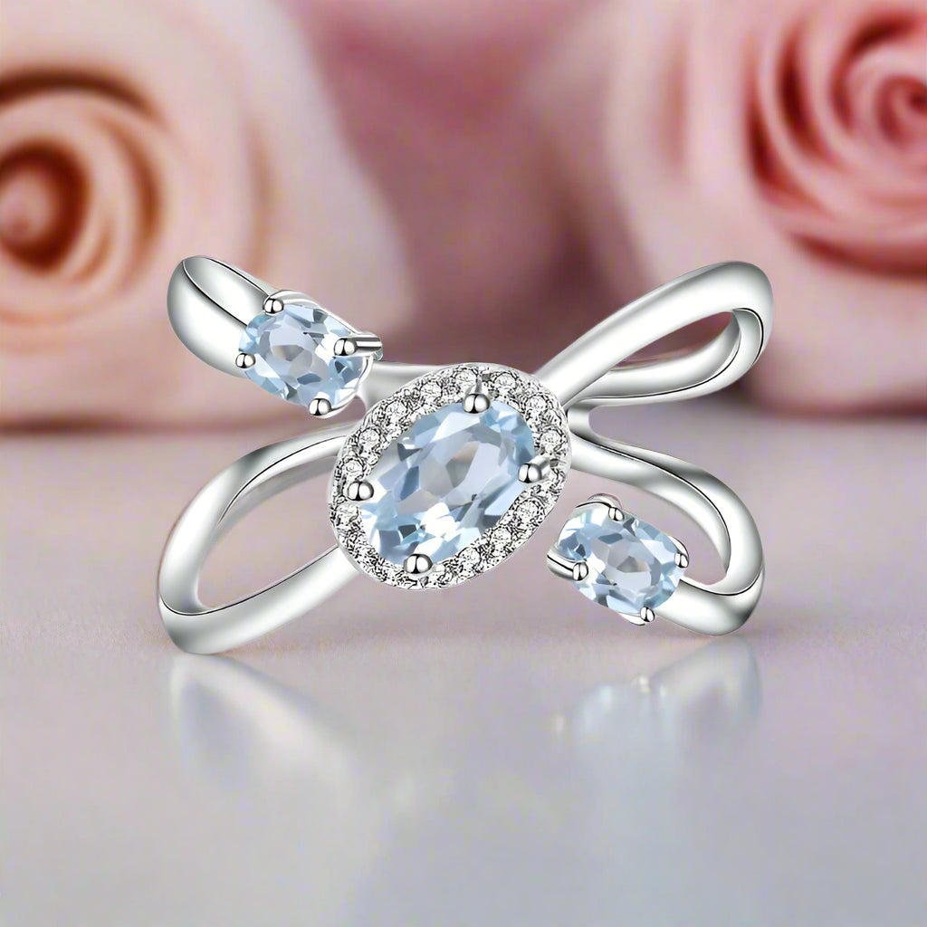 1.04Ct Round Natural Sky Blue Topaz Gemstone Ring-Black Diamonds New York