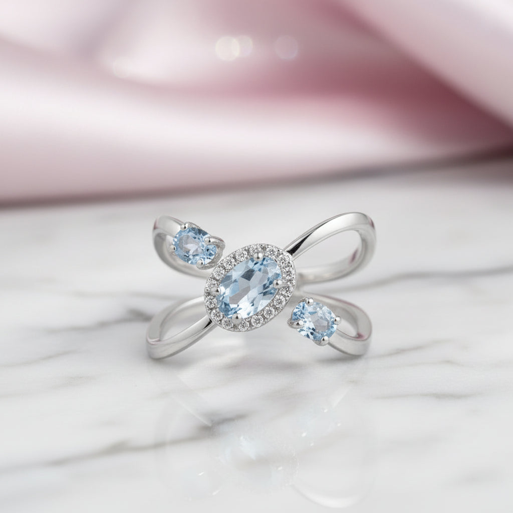 1.04Ct Round Sky Blue Topaz Gemstone Ring-Black Diamonds New York