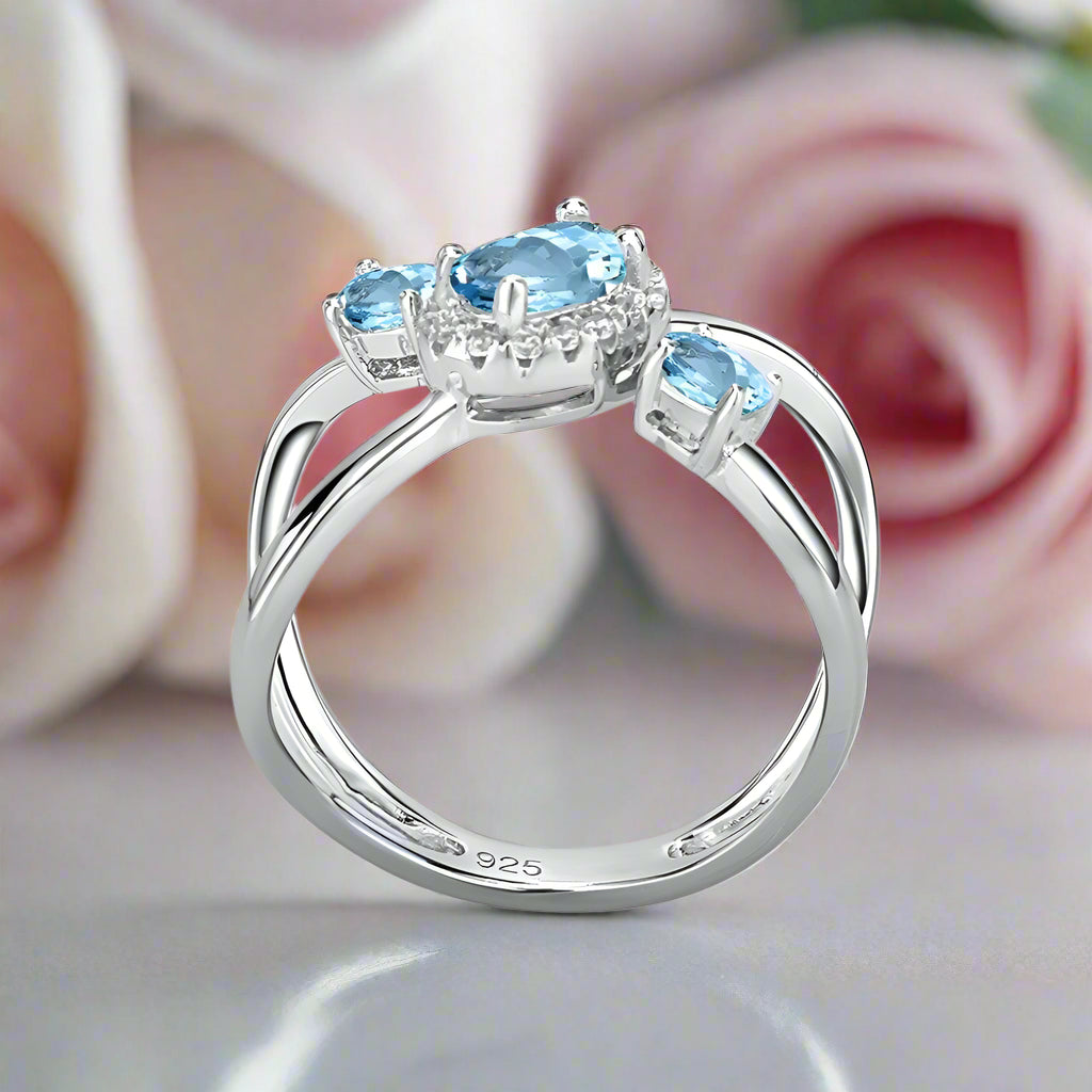 1.04Ct Round Natural Sky Blue Topaz Gemstone Ring-Black Diamonds New York