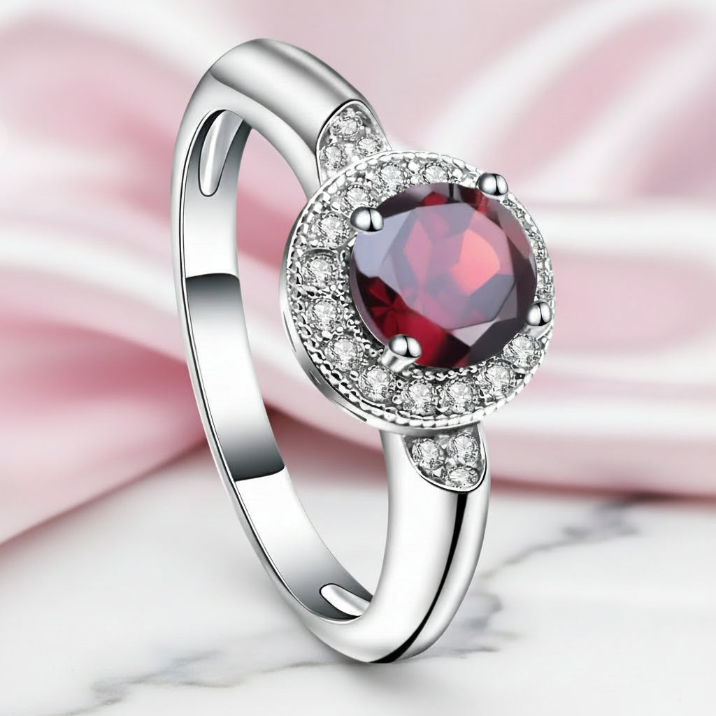 1.05 Ct Round Red Garnet Classic Ring-Black Diamonds New York