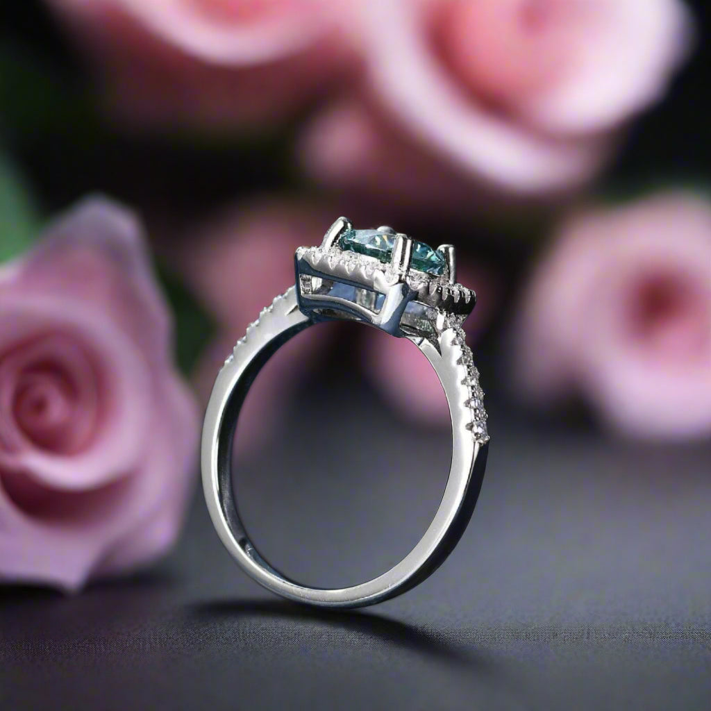 1.0Ct 6.5mm Round Green Diamond Halo Engagement Ring-Black Diamonds New York