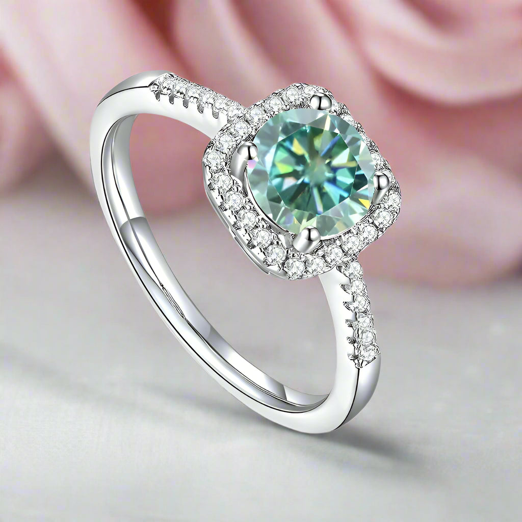 1.0Ct 6.5mm Round Green Diamond Halo Engagement Ring-Black Diamonds New York