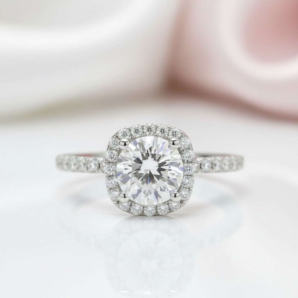 1.0 Ct 6.5mm Round Diamond Option Halo Engagement Ring-Black Diamonds New York