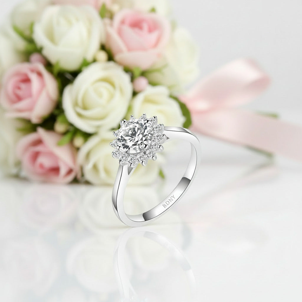 1.0 Ct Diamond Option Sunflower Shaped Halo Engagement Ring-Black Diamonds New York