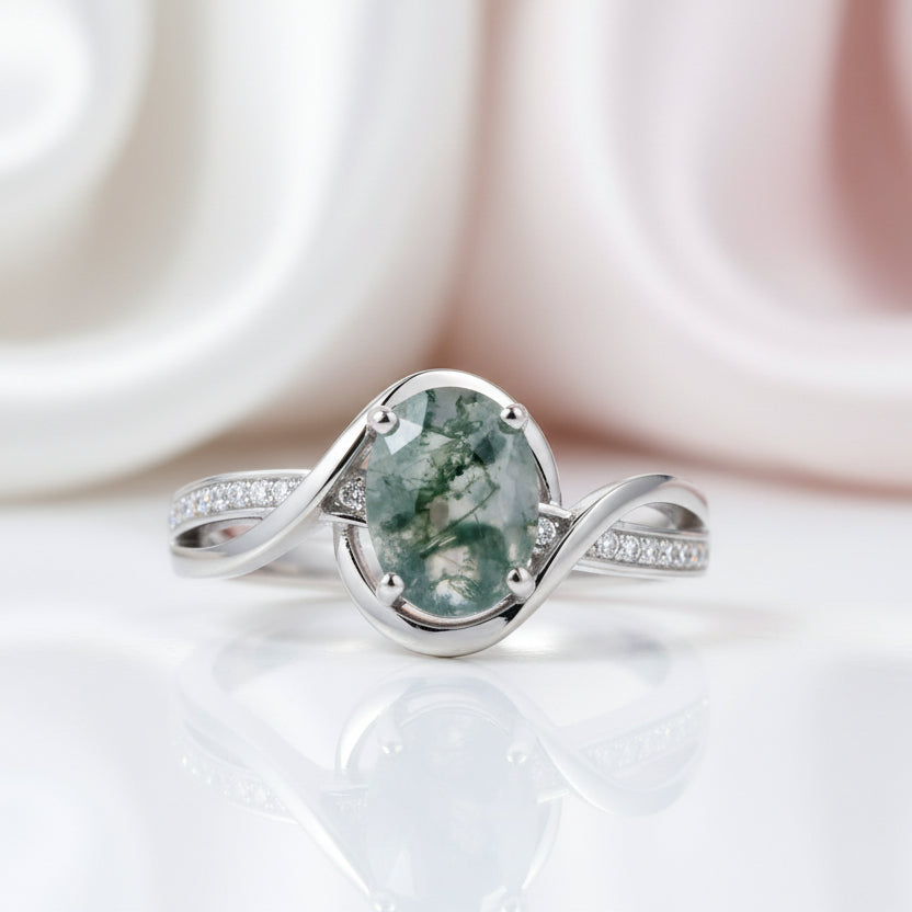 1.3Ct Oval Cut Natural Moss Agate Twist Engagement Ring-Black Diamonds New York