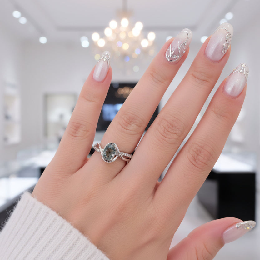 1.3Ct Oval Cut Natural Moss Agate Twist Engagement Ring-Black Diamonds New York