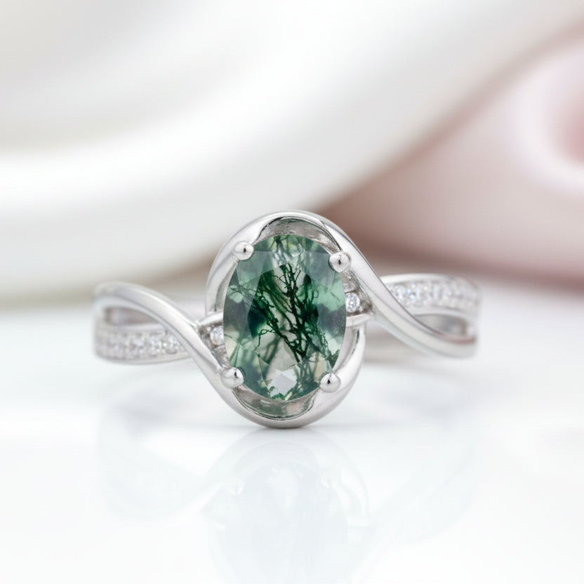 1.3Ct Oval Cut Natural Moss Agate Twist Engagement Ring-Black Diamonds New York