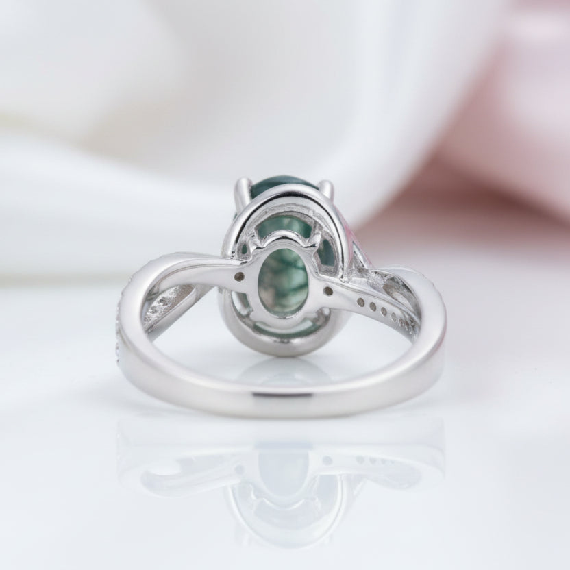 1.3Ct Oval Cut Natural Moss Agate Twist Engagement Ring-Black Diamonds New York