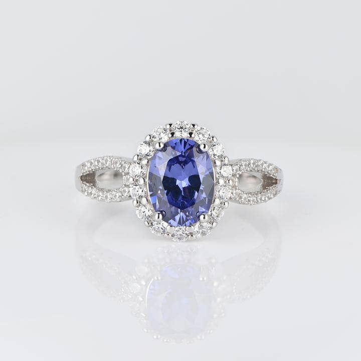 1.0 Carat Blue Sapphire Oval Cut Halo Engagement Ring - Black Diamonds New York