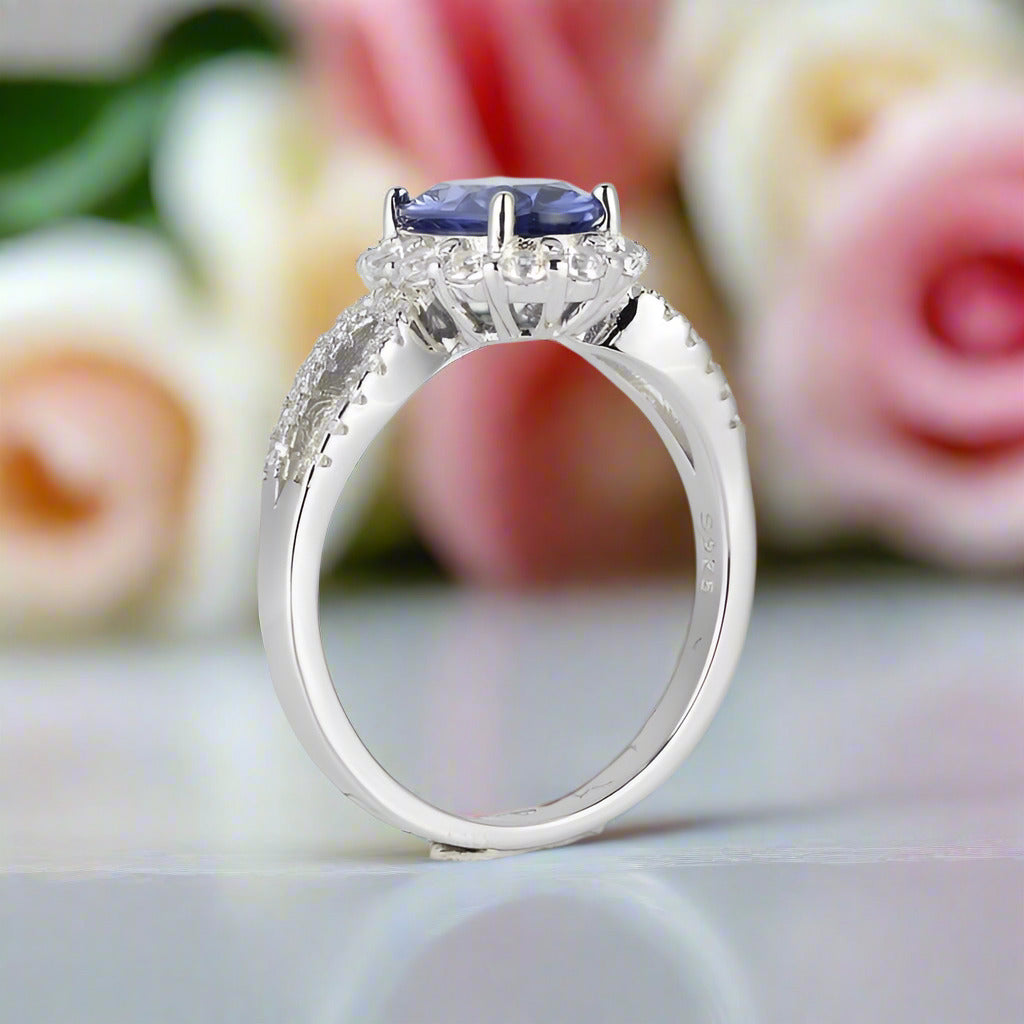 1.0 ct Blue Sapphire Oval Cut Halo Engagement Ring-Black Diamonds New York