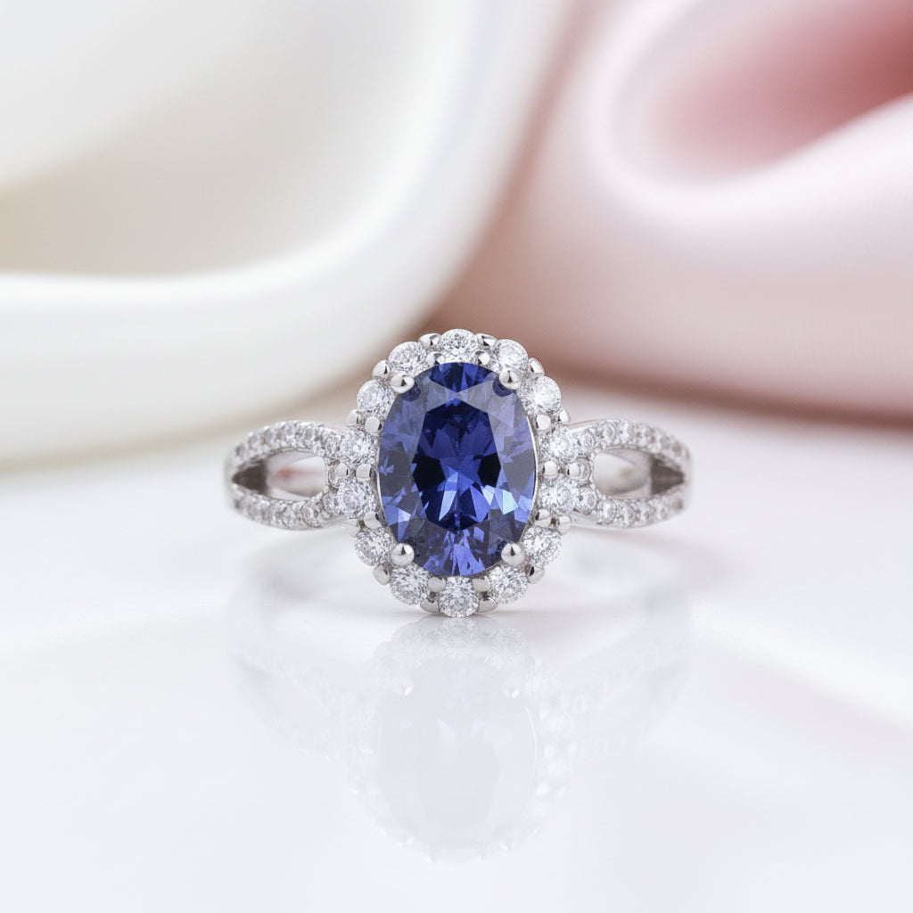 1.0 ct Blue Sapphire Oval Cut Halo Engagement Ring-Black Diamonds New York