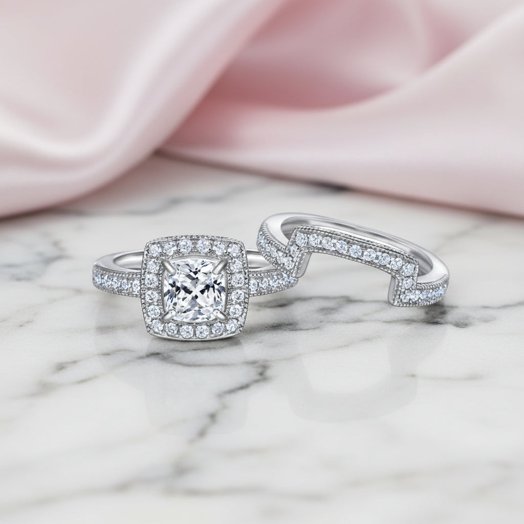 1.0 ct Cushion Cut Diamond Option Halo Ring Set-Black Diamonds New York