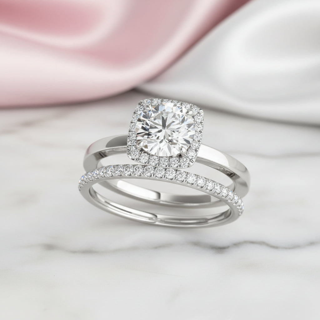 1.0 ct Round Cut Diamond Option Halo White Gold Ring Set-Black Diamonds New York