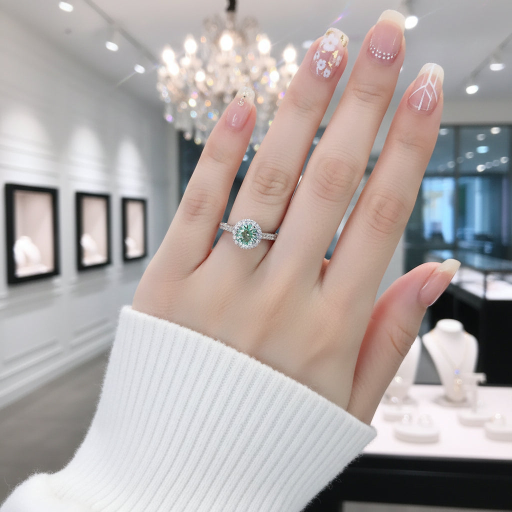 1.0 ct Round Halo Green Diamond Adjustable Engagement Ring-Black Diamonds New York